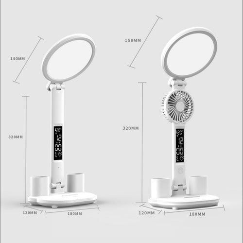 LED Clock Table Lamp USB Chargeable Dimmable Desk Lamp Plug-in LED Fan