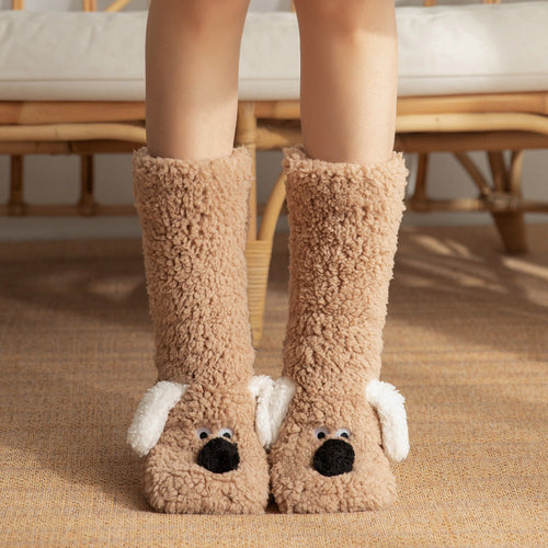 Cute Cartoon Dog Floor Socks Winter Warm Non-slip Plush Socks For