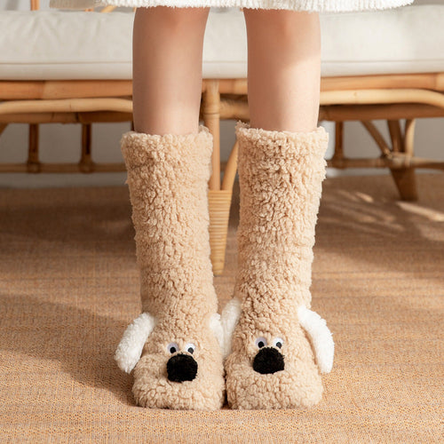 Cute Cartoon Dog Floor Socks Winter Warm Non-slip Plush Socks For